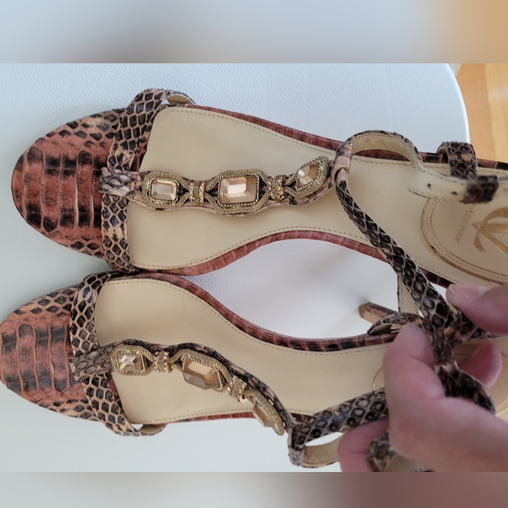 Vince Camuto Tan Snake Print Sandals with Gold Details